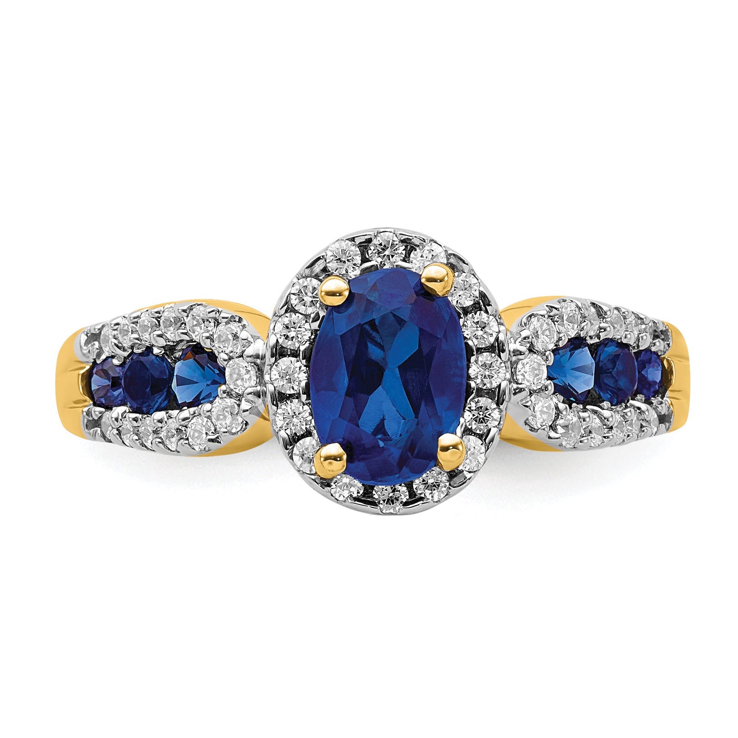 14k 7x5mm Oval Blue Sapphire and 1/3 carat Diamond Halo Ring