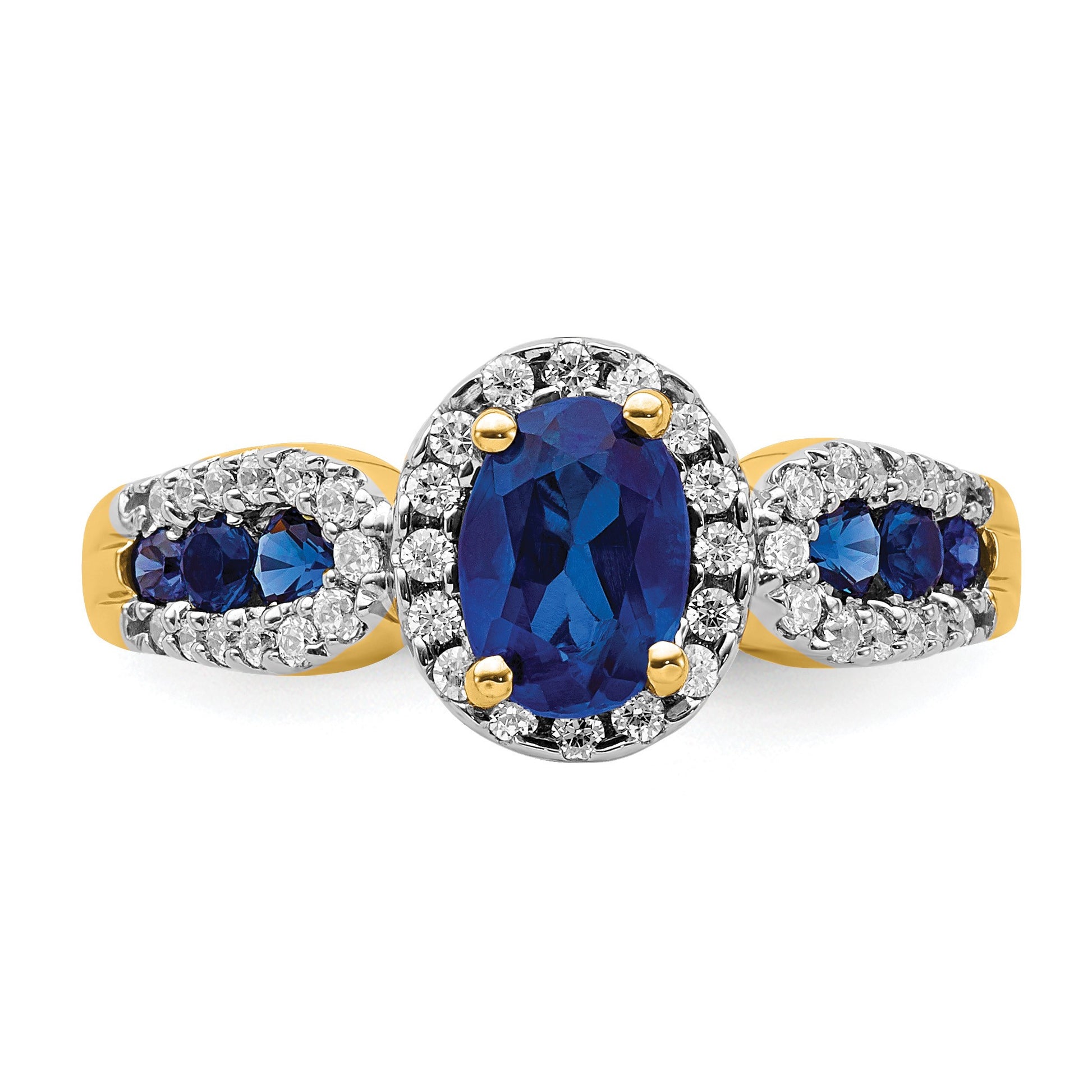 14k 7x5mm Oval Blue Sapphire and 1/3 carat Diamond Halo Ring