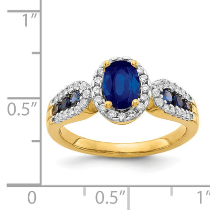 14k 7x5mm Oval Blue Sapphire and 1/3 carat Diamond Halo Ring