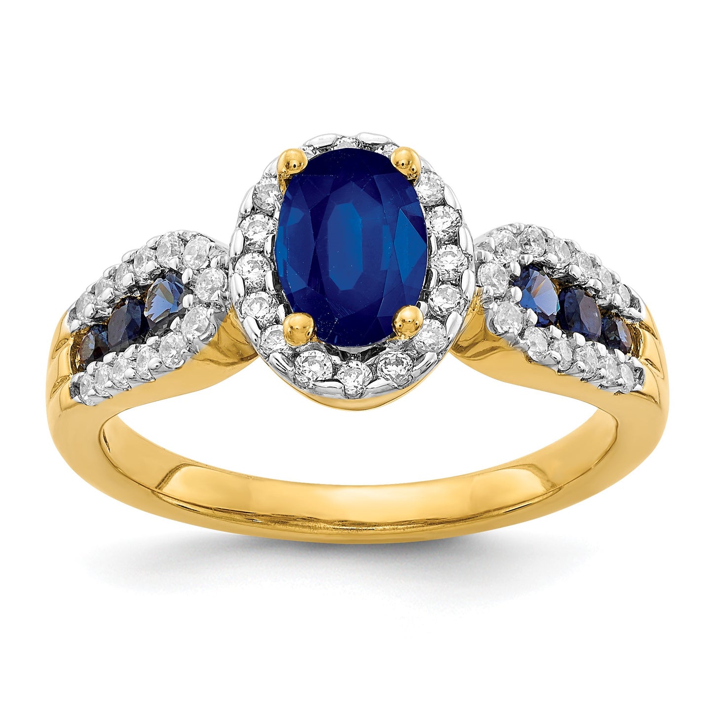 14k 7x5mm Oval Blue Sapphire and 1/3 carat Diamond Halo Ring
