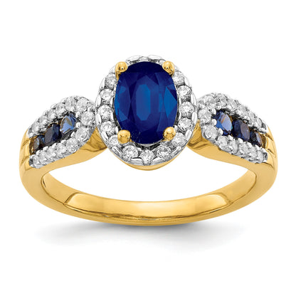 14k 7x5mm Oval Blue Sapphire and 1/3 carat Diamond Halo Ring