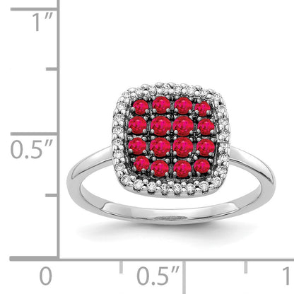 14k White Gold and Black Rhodium 1/6 carat Diamond and Ruby Square Cluster Ring