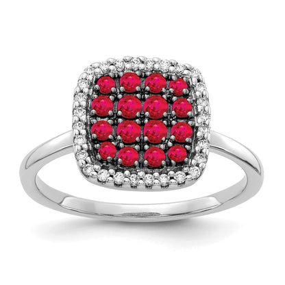 14k White Gold and Black Rhodium 1/6 carat Diamond and Ruby Square Cluster Ring