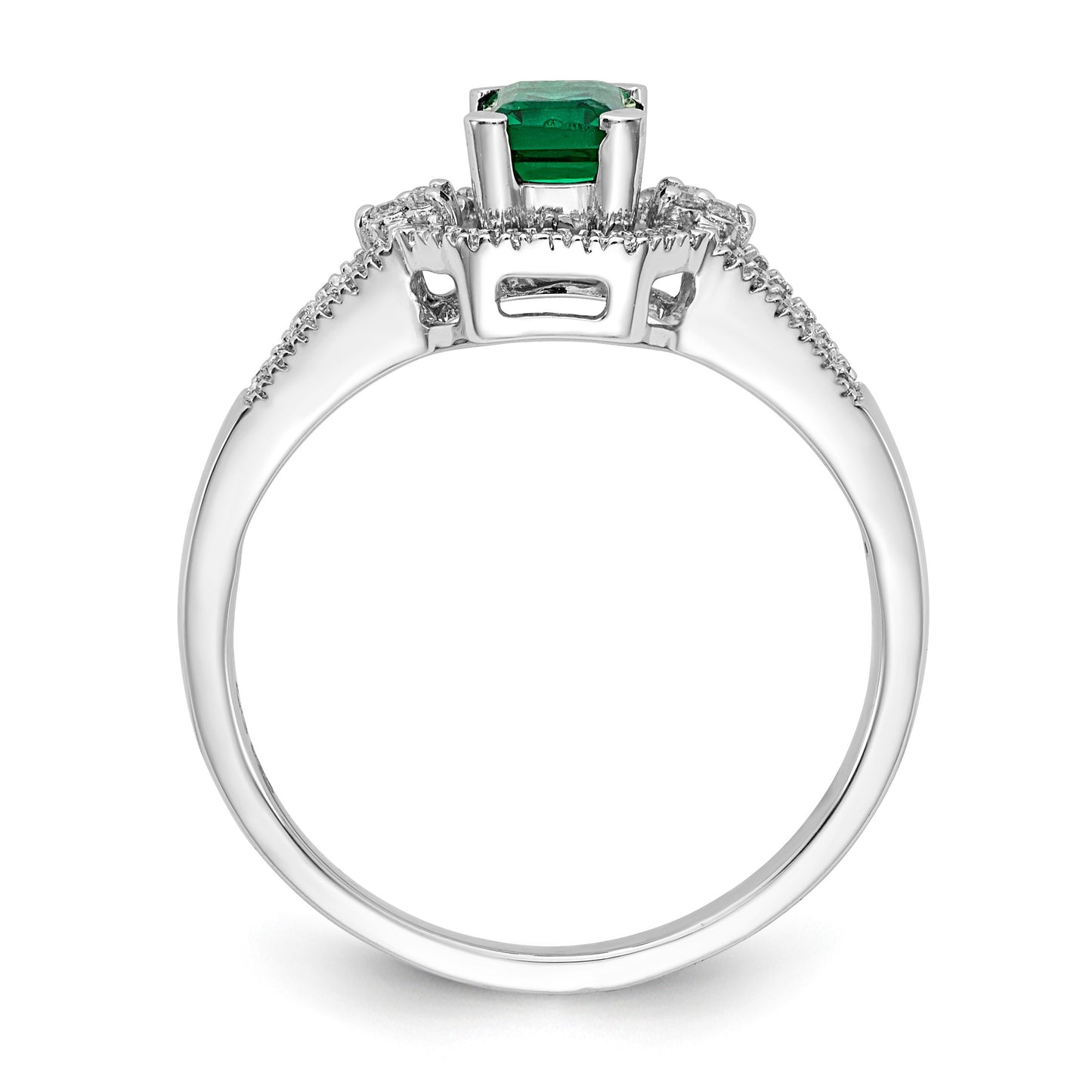 14k White Gold 1/6 carat Diamond and 5.8x4mm Emerald-cut Emerald Ring