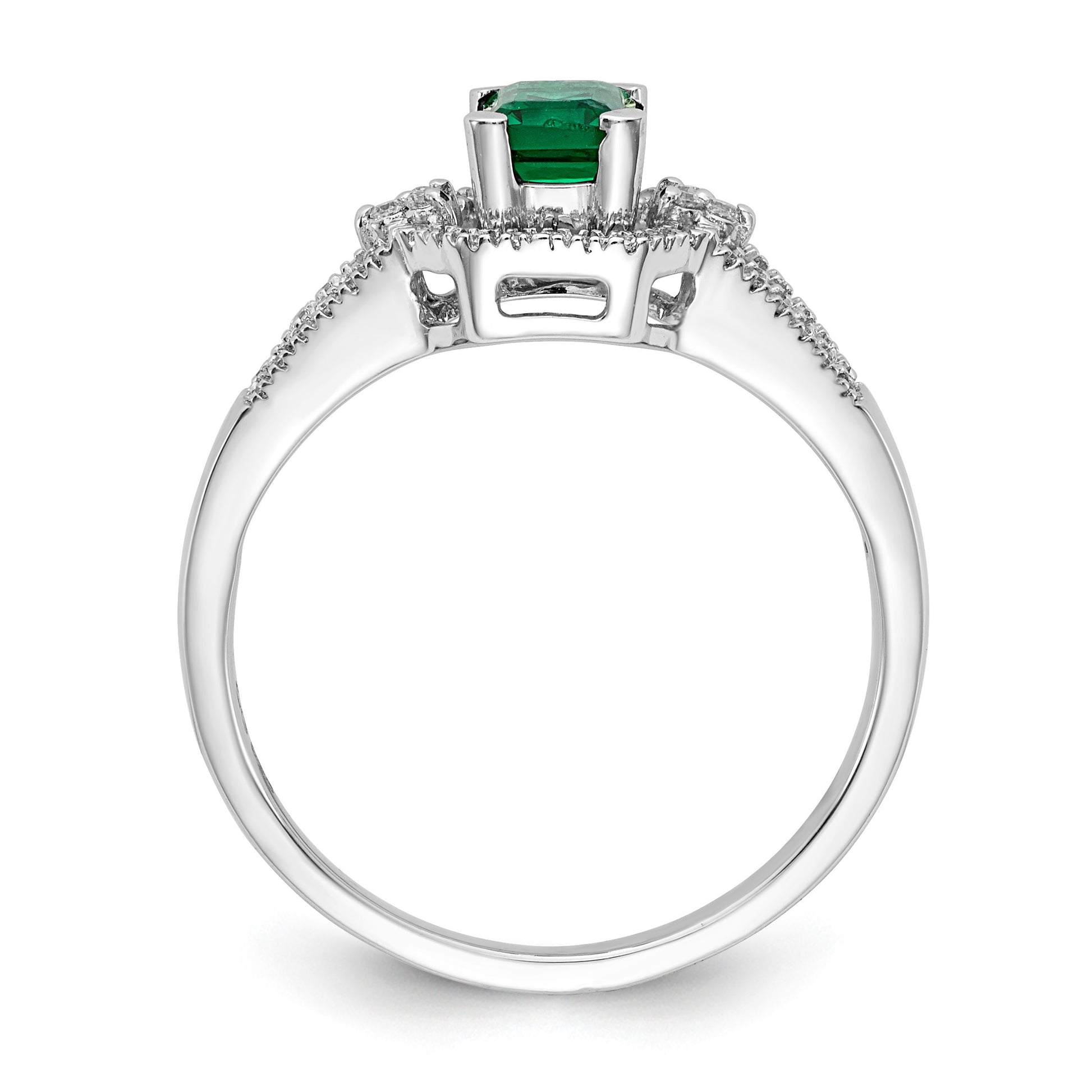 14k White Gold 1/6 carat Diamond and 5.8x4mm Emerald-cut Emerald Ring