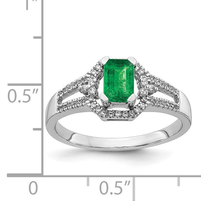 14k White Gold 1/6 carat Diamond and 5.8x4mm Emerald-cut Emerald Ring