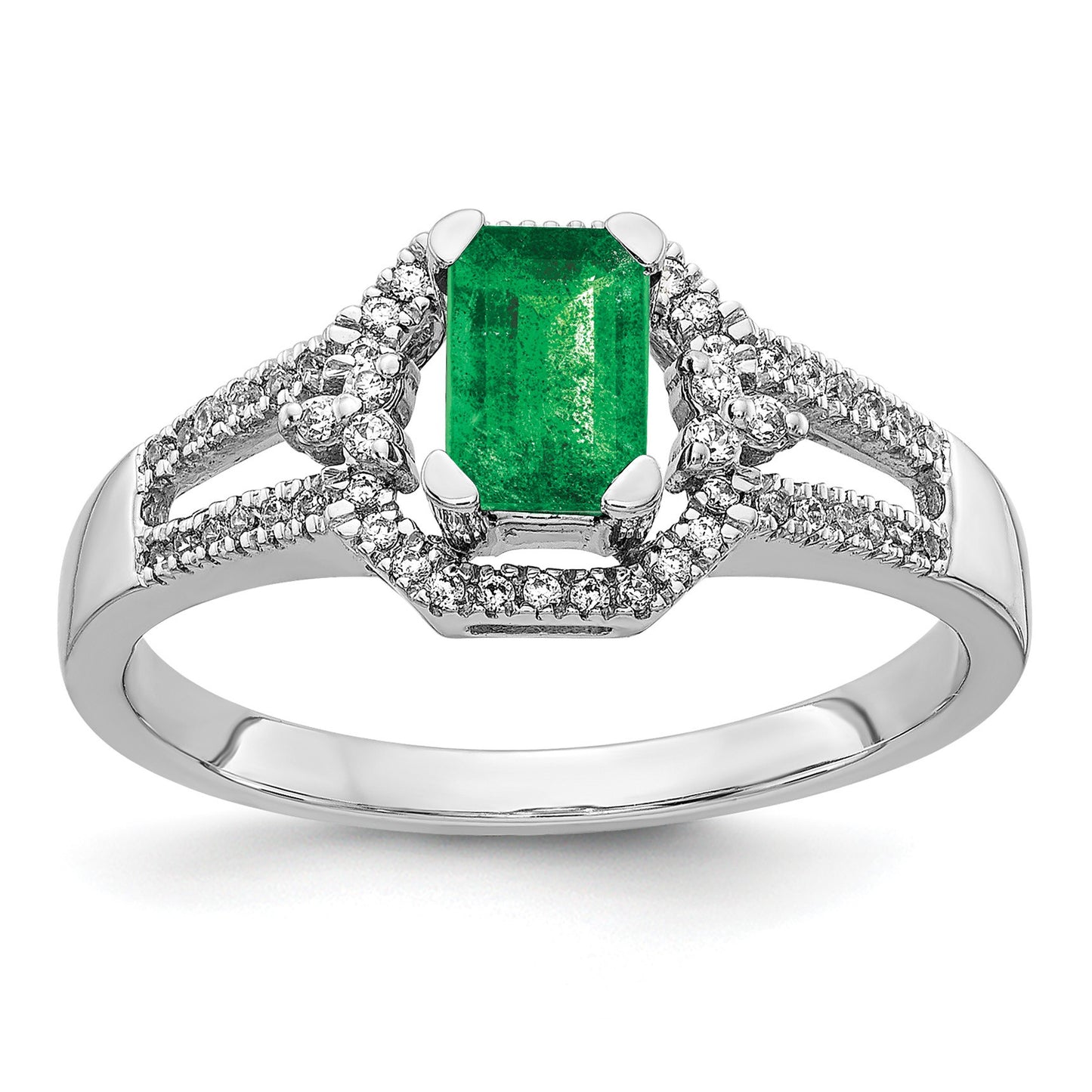 14k White Gold 1/6 carat Diamond and 5.8x4mm Emerald-cut Emerald Ring