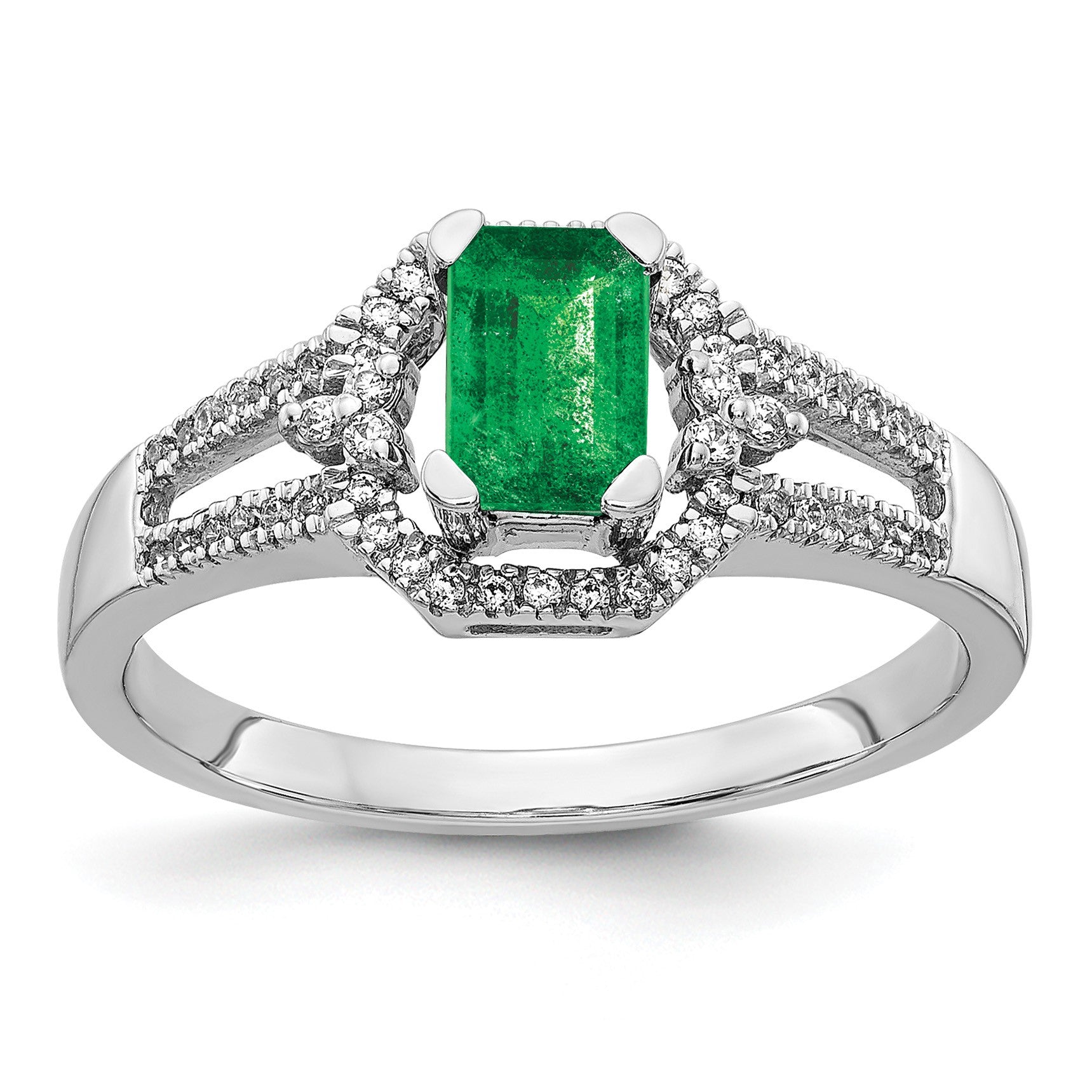 14k White Gold 1/6 carat Diamond and 5.8x4mm Emerald-cut Emerald Ring