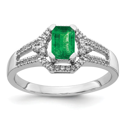 14k White Gold 1/6 carat Diamond and 5.8x4mm Emerald-cut Emerald Ring