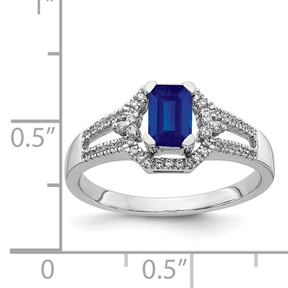 14k White Gold 1/6 carat Diamond and 5.8x4mm Emerald-cut Blue Sapphire Ring