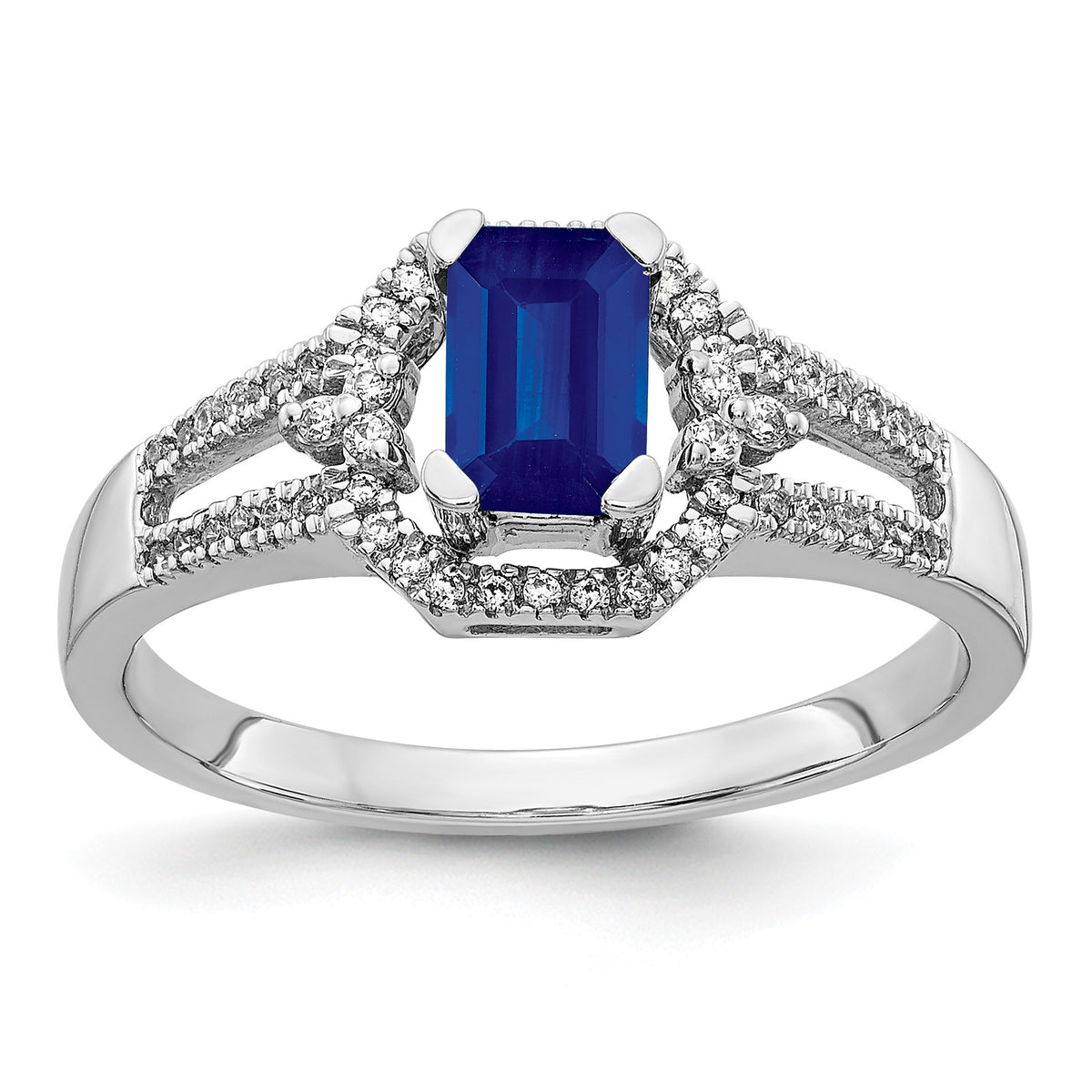 14k White Gold 1/6 carat Diamond and 5.8x4mm Emerald-cut Blue Sapphire Ring
