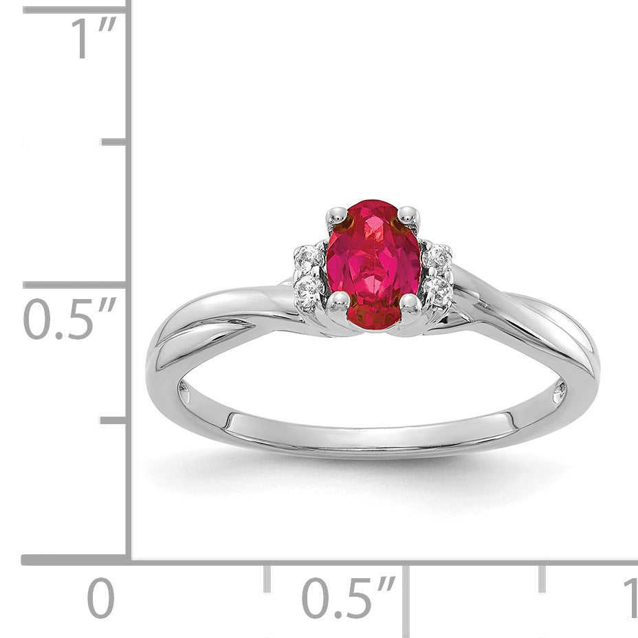 14k White Gold 1/20 carat Diamond and 6x4mm Oval Ruby Ring