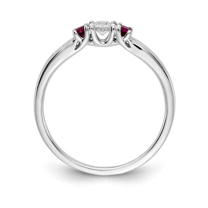 14k White Gold Ruby and 1/3 carat Diamond 3-Stone Ring