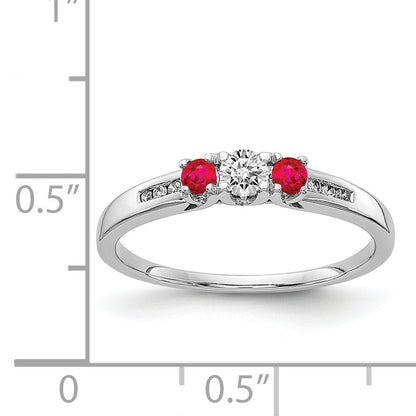 14k White Gold Ruby and 1/3 carat Diamond 3-Stone Ring