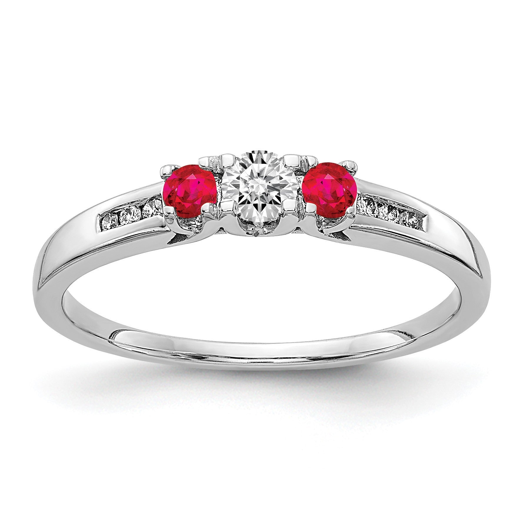 14k White Gold Ruby and 1/3 carat Diamond 3-Stone Ring