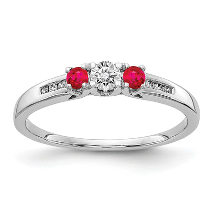 14k White Gold Ruby and 1/3 carat Diamond 3-Stone Ring