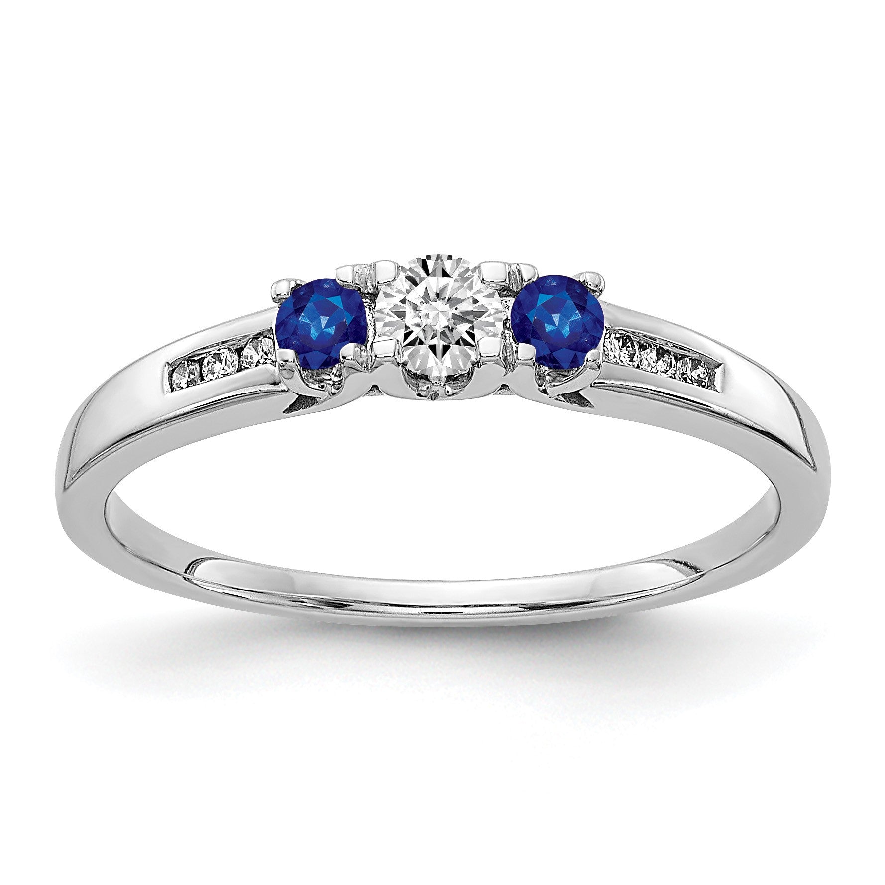 14k White Gold Blue Sapphire and 1/3 carat Diamond 3-Stone Ring