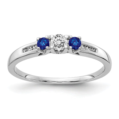 14k White Gold Blue Sapphire and 1/3 carat Diamond 3-Stone Ring