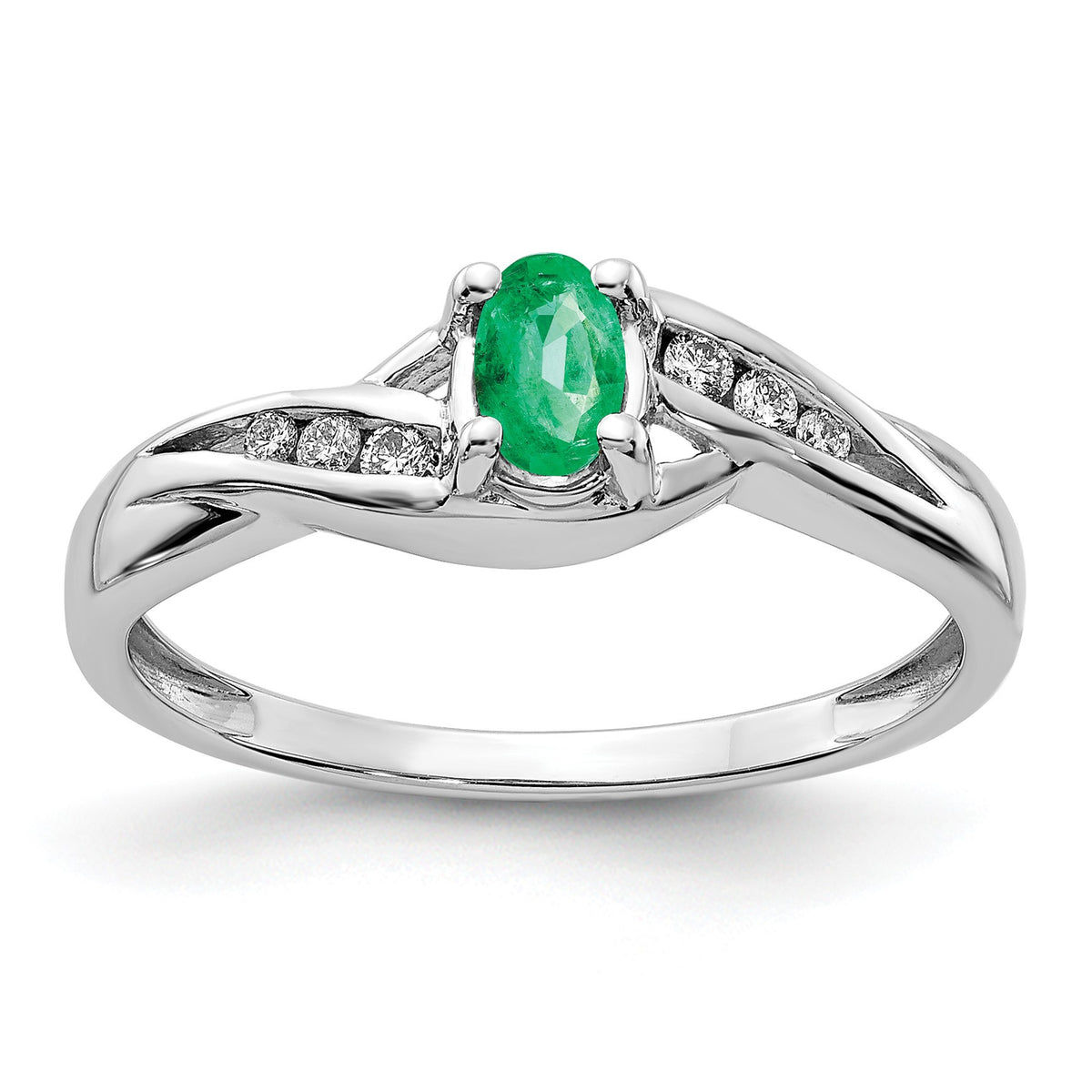 14k White Gold 5x4mm Oval Emerald and 1/15 carat Diamond Ring