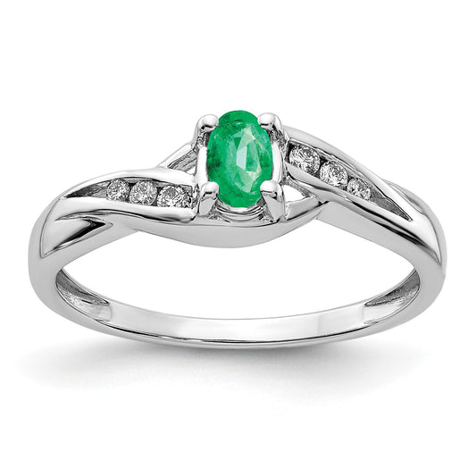 14k White Gold 5x4mm Oval Emerald and 1/15 carat Diamond Ring
