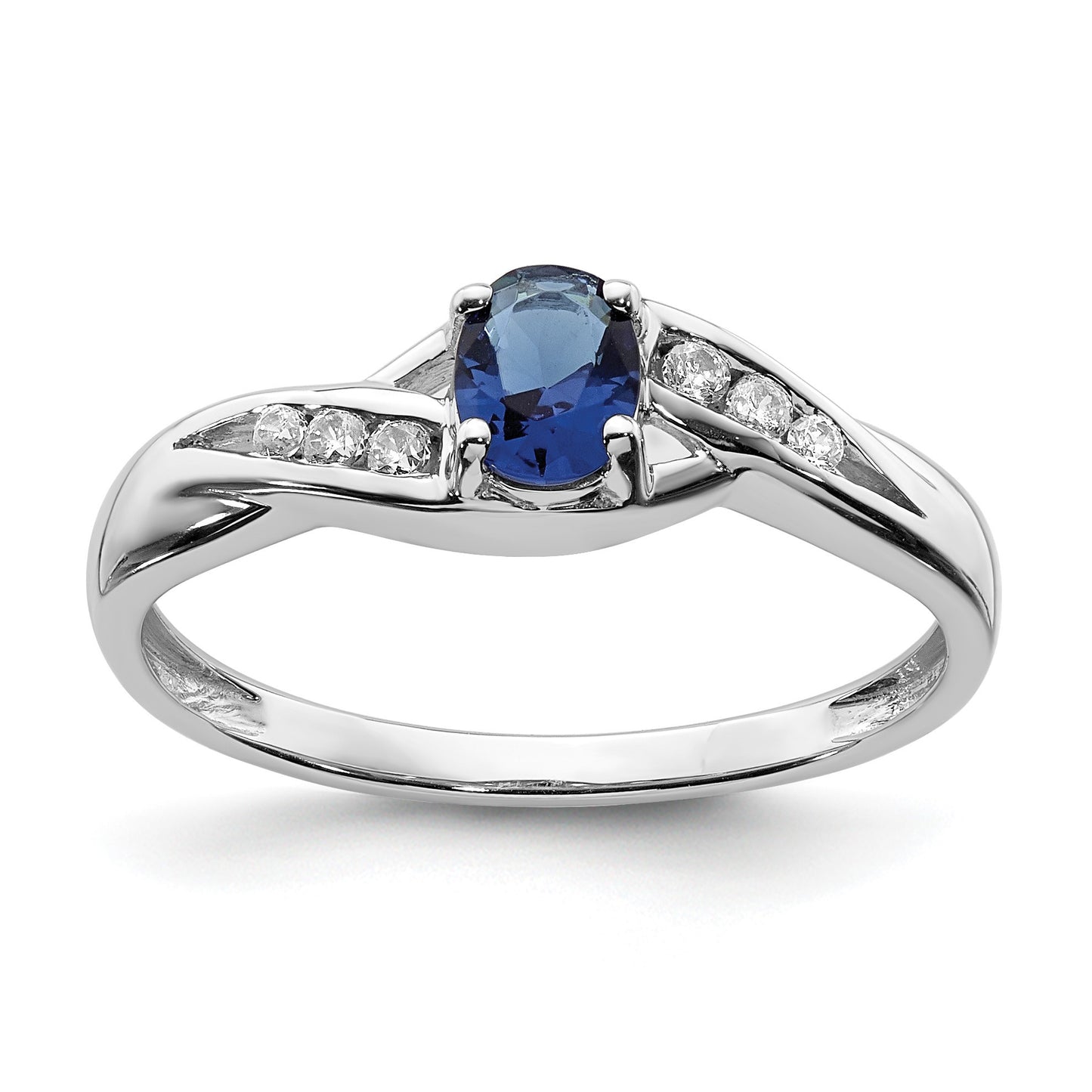 14k White Gold 5x4mm Oval Blue Sapphire and 1/15 carat Diamond Ring