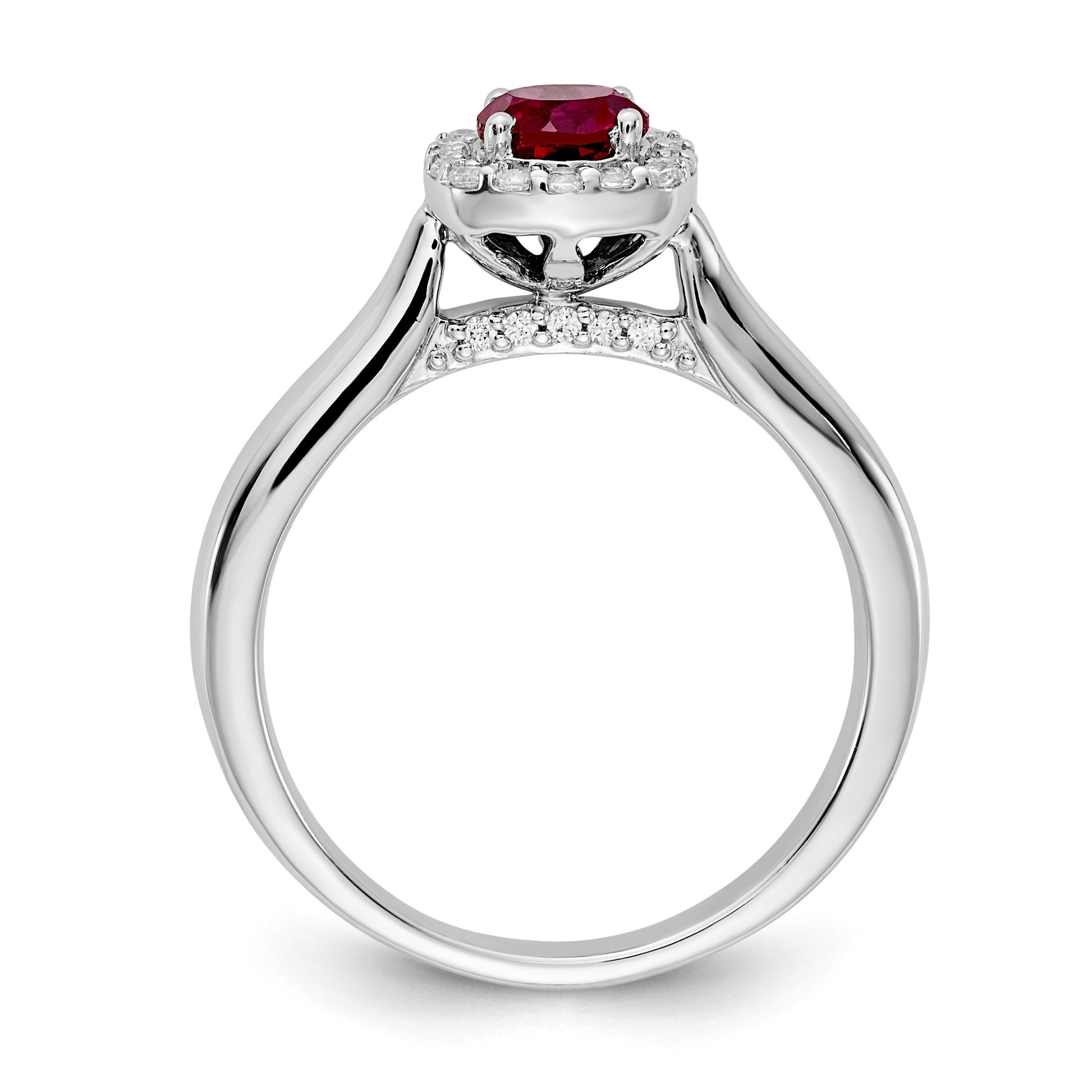 14k White Gold 1/6 carat Diamond and 5mm Round Ruby Square Halo Ring