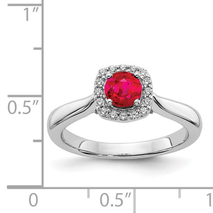 14k White Gold 1/6 carat Diamond and 5mm Round Ruby Square Halo Ring