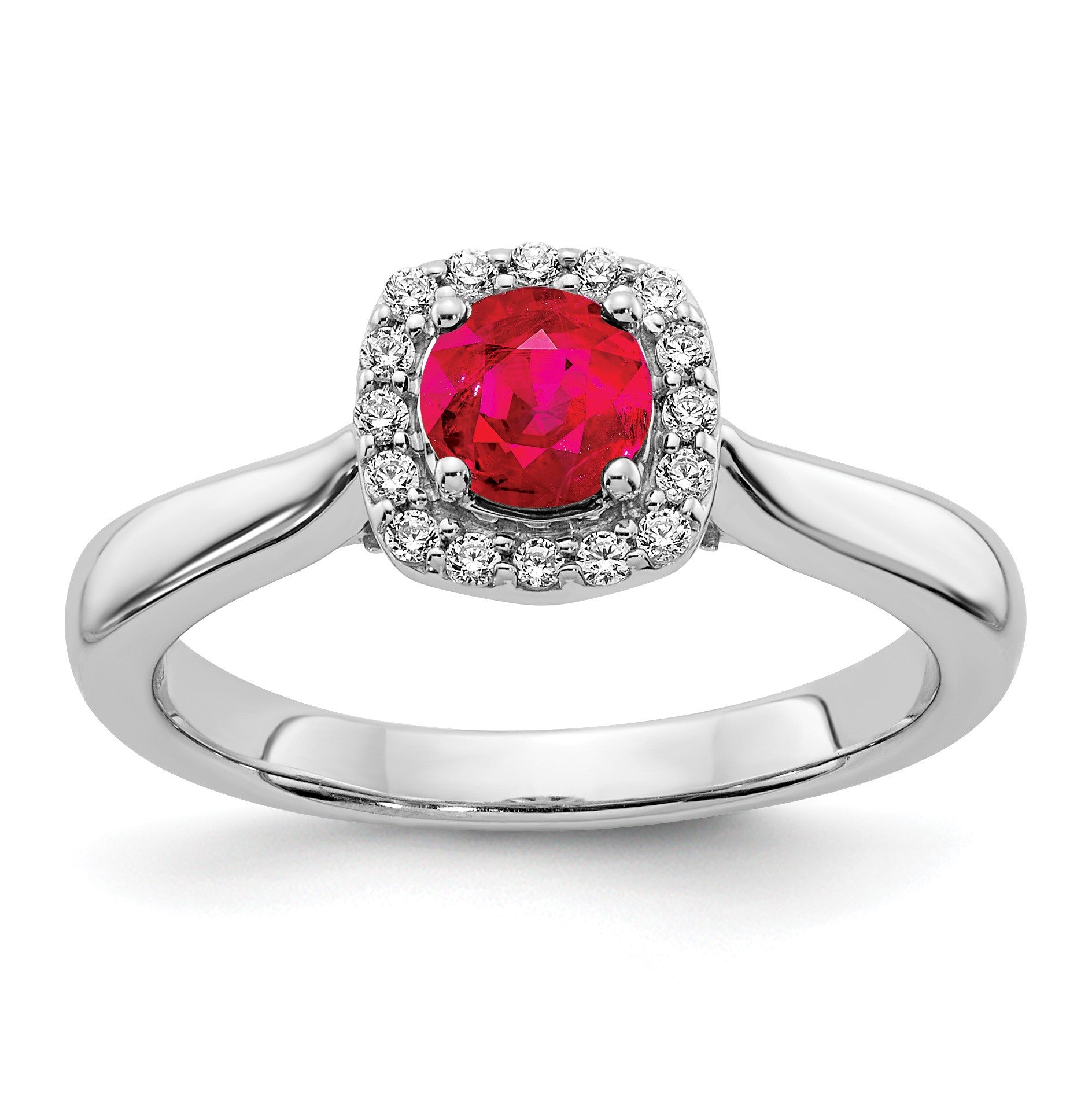 14k White Gold 1/6 carat Diamond and 5mm Round Ruby Square Halo Ring