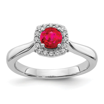 14k White Gold 1/6 carat Diamond and 5mm Round Ruby Square Halo Ring