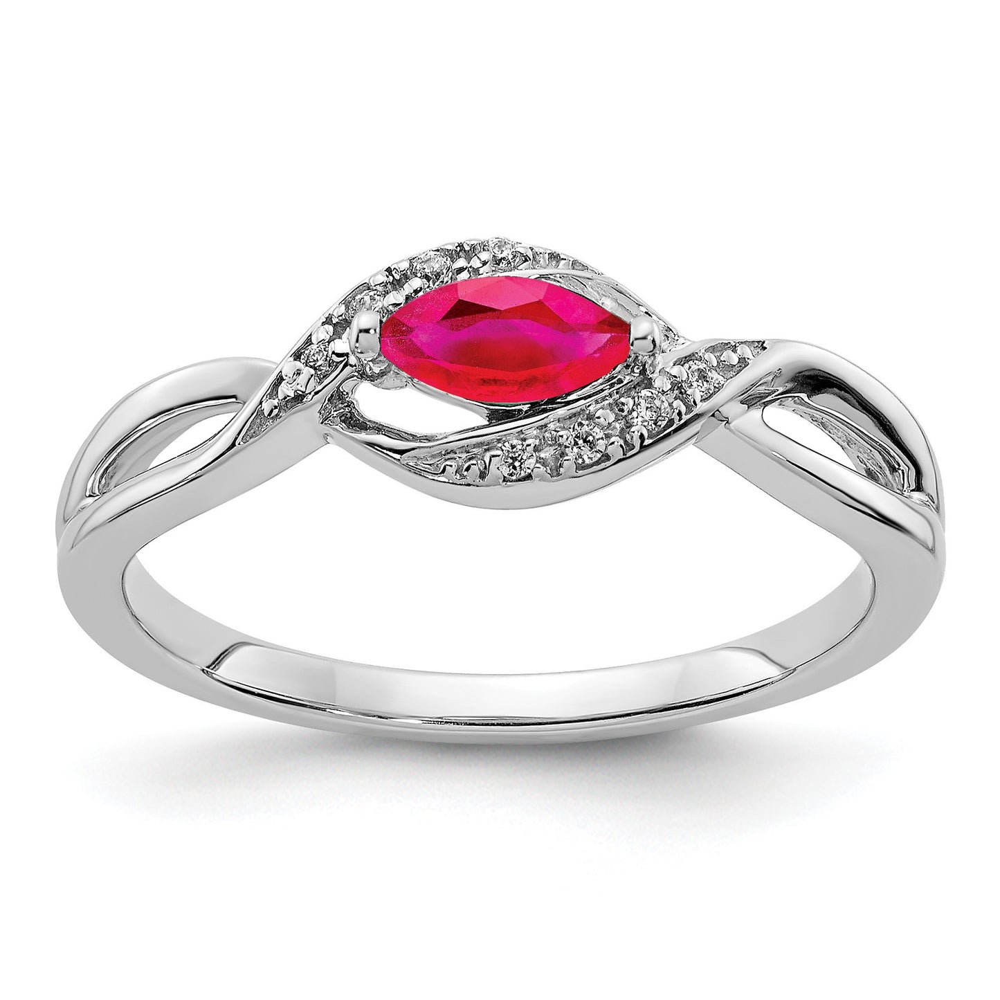 14k White Gold 1/20 carat Diamond and 6x3mm Marquise Ruby East-West Ring