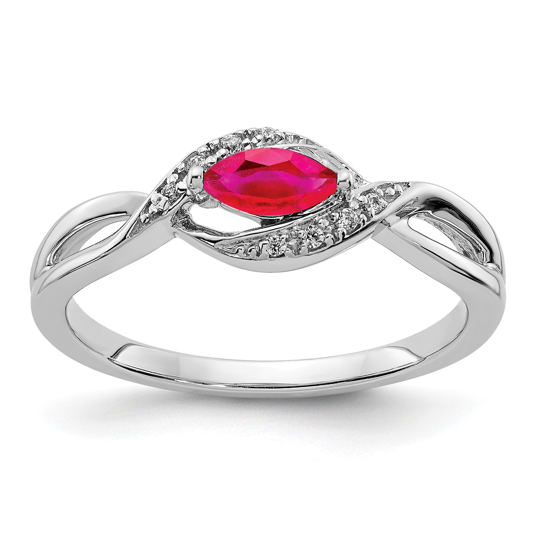 14k White Gold 1/20 carat Diamond and 6x3mm Marquise Ruby East-West Ring