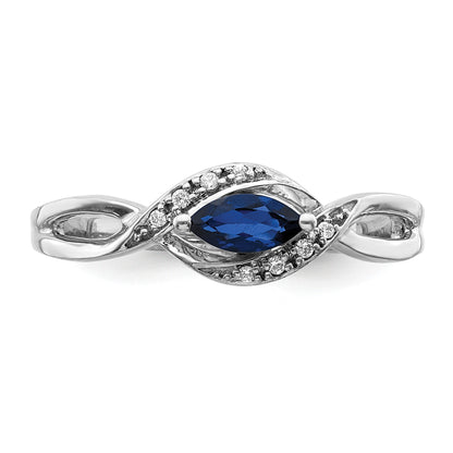 14k White Gold 1/20 carat Diamond and 6x3mm Blue Marquise Sapphire East-West Ring