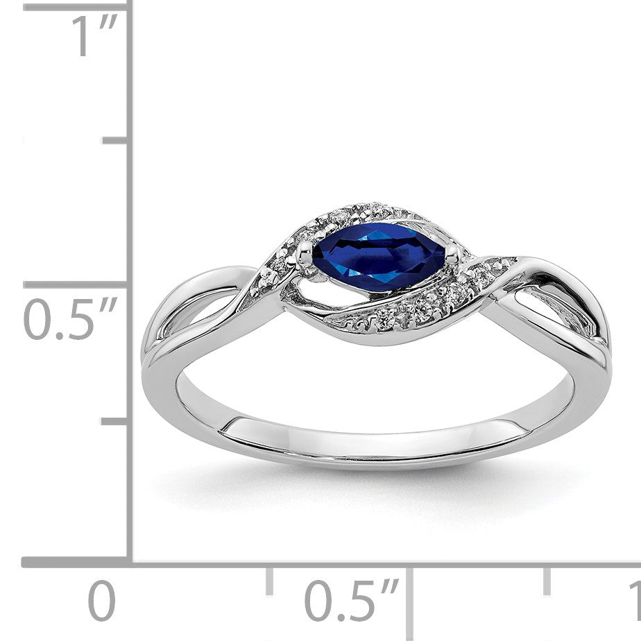 14k White Gold 1/20 carat Diamond and 6x3mm Blue Marquise Sapphire East-West Ring