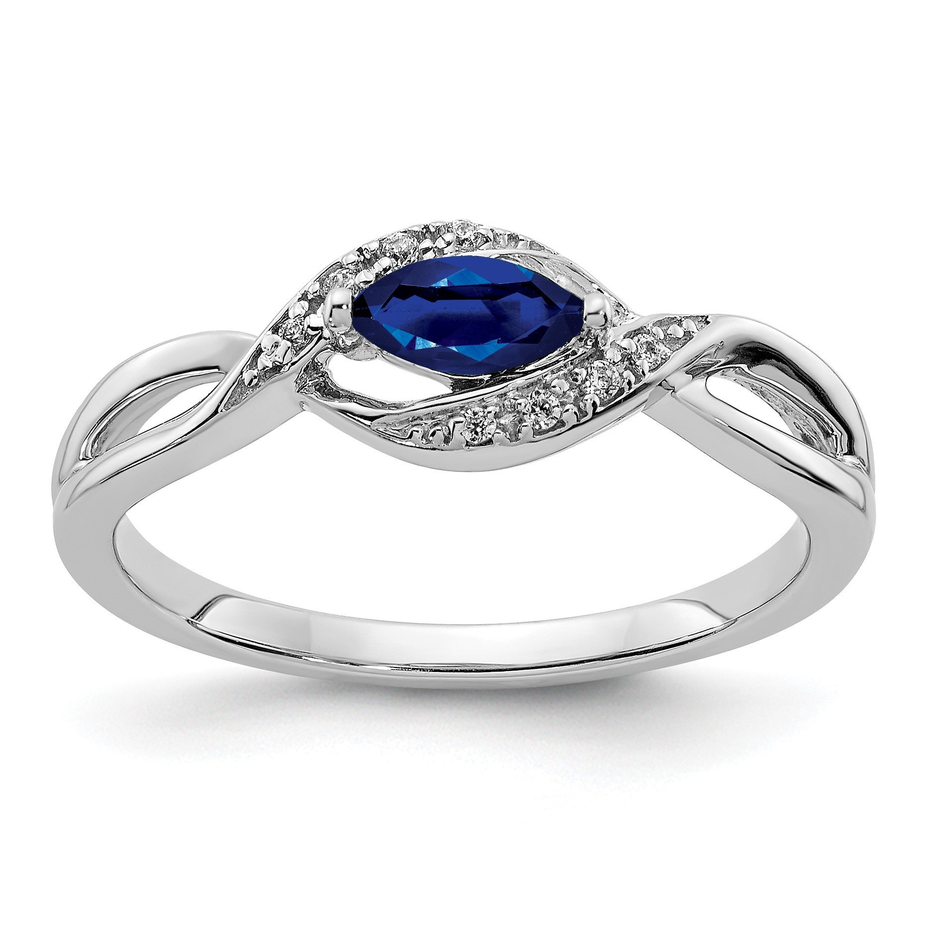 14k White Gold 1/20 carat Diamond and 6x3mm Blue Marquise Sapphire East-West Ring