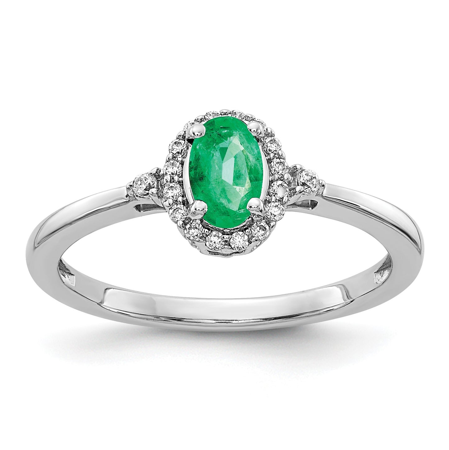 14k White Gold 6x4mm Oval Emerald and 1/10 carat Diamond Halo Ring