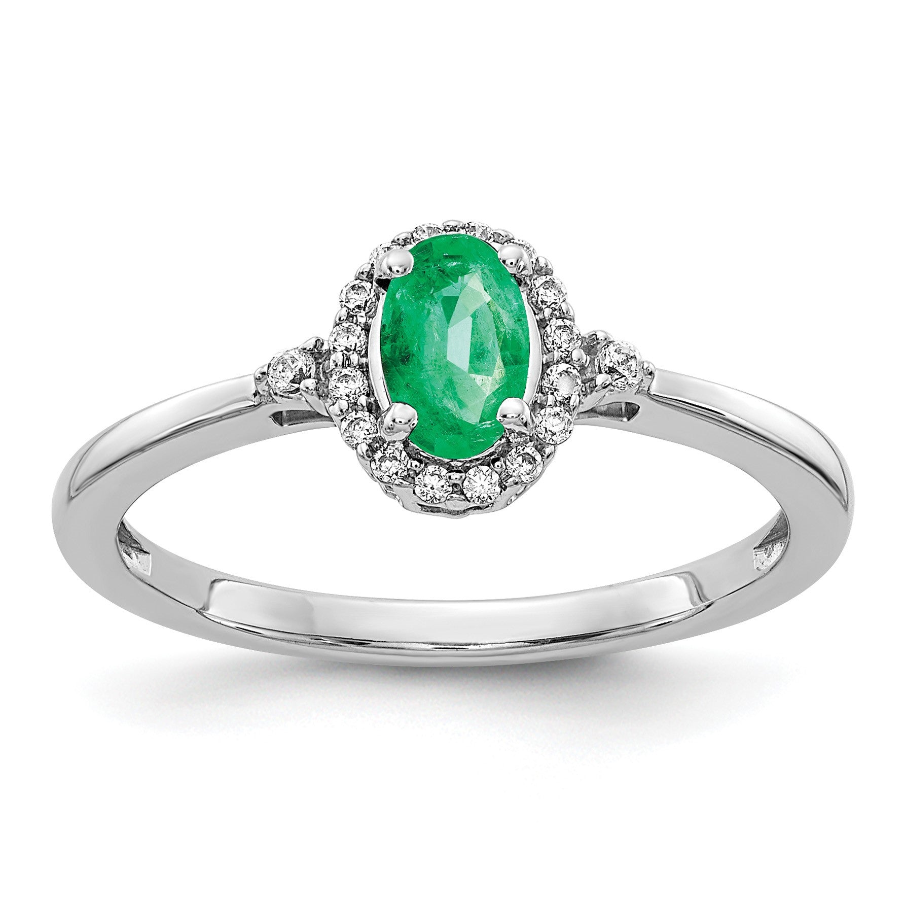 14k White Gold 6x4mm Oval Emerald and 1/10 carat Diamond Halo Ring