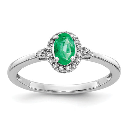14k White Gold 6x4mm Oval Emerald and 1/10 carat Diamond Halo Ring