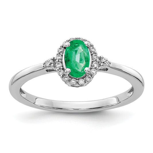 14k White Gold 6x4mm Oval Emerald and 1/10 carat Diamond Halo Ring