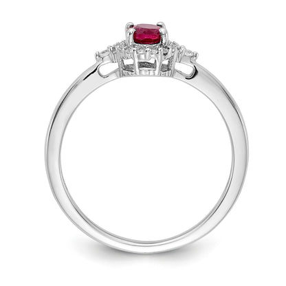 14k White Gold 6x4mm Oval Ruby and 1/10 carat Diamond Halo Ring