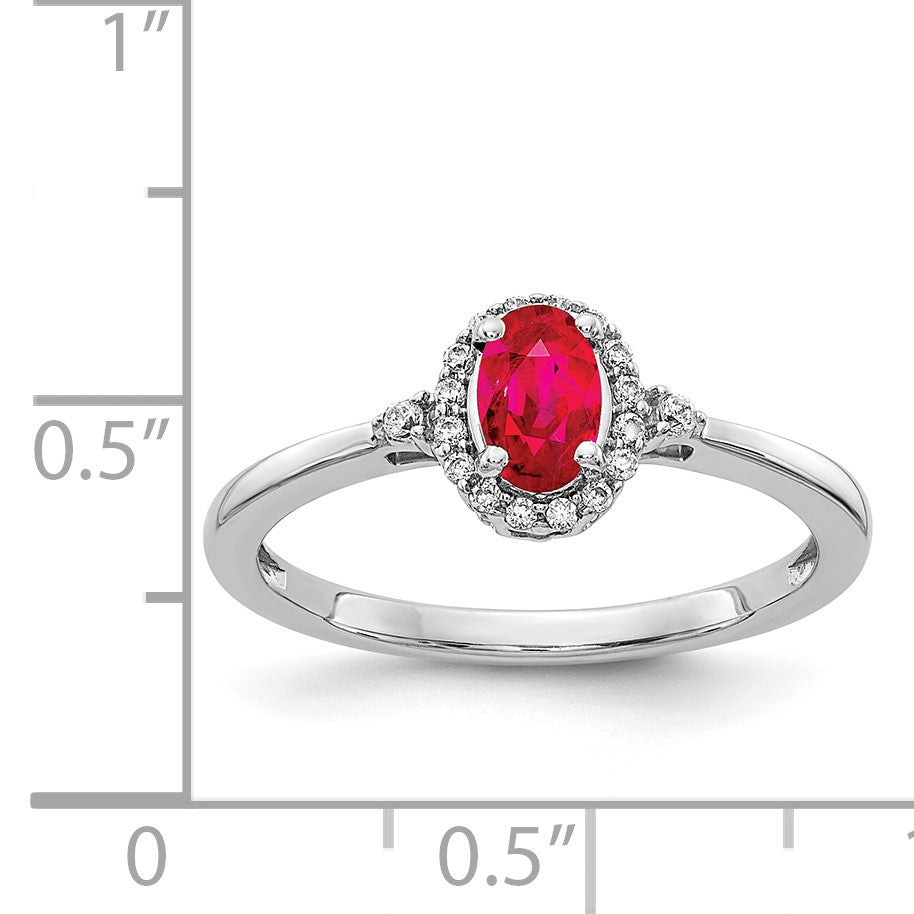 14k White Gold 6x4mm Oval Ruby and 1/10 carat Diamond Halo Ring