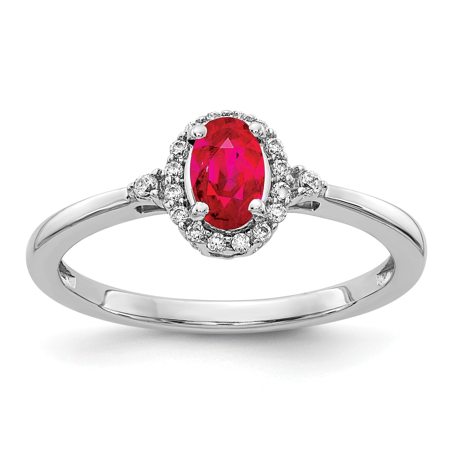 14k White Gold 6x4mm Oval Ruby and 1/10 carat Diamond Halo Ring