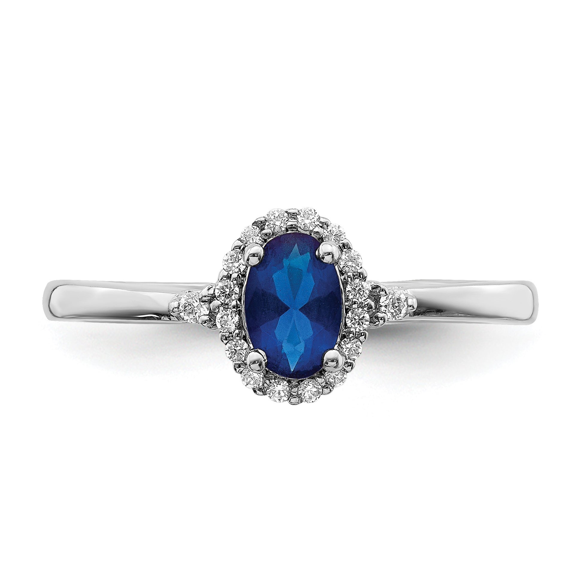 14k White Gold 6x4mm Oval Blue Sapphire and 1/10 carat Diamond Halo Ring