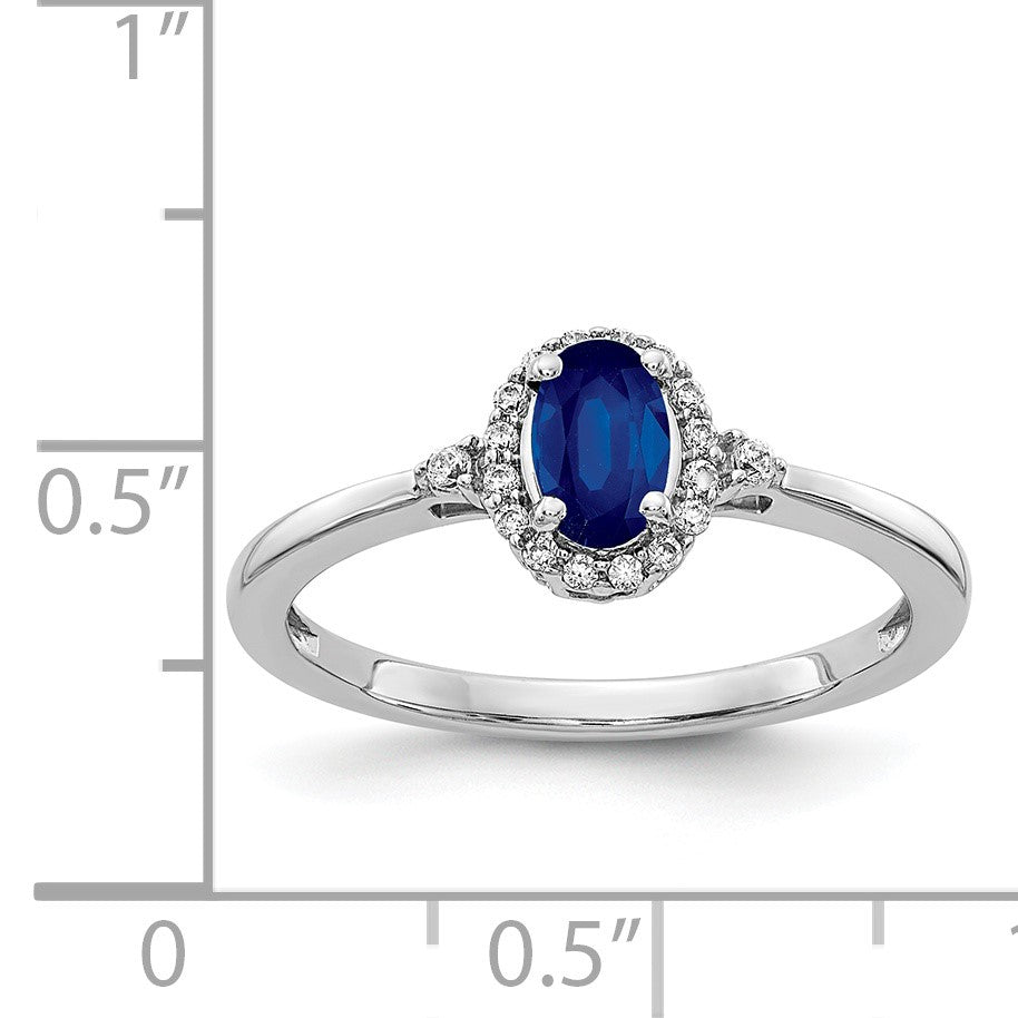 14k White Gold 6x4mm Oval Blue Sapphire and 1/10 carat Diamond Halo Ring