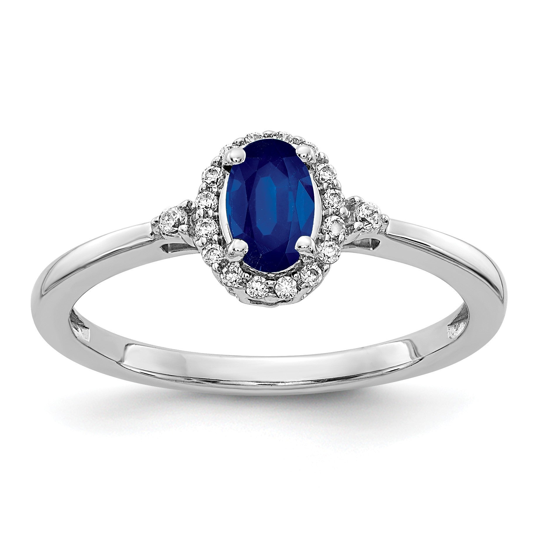 14k White Gold 6x4mm Oval Blue Sapphire and 1/10 carat Diamond Halo Ring