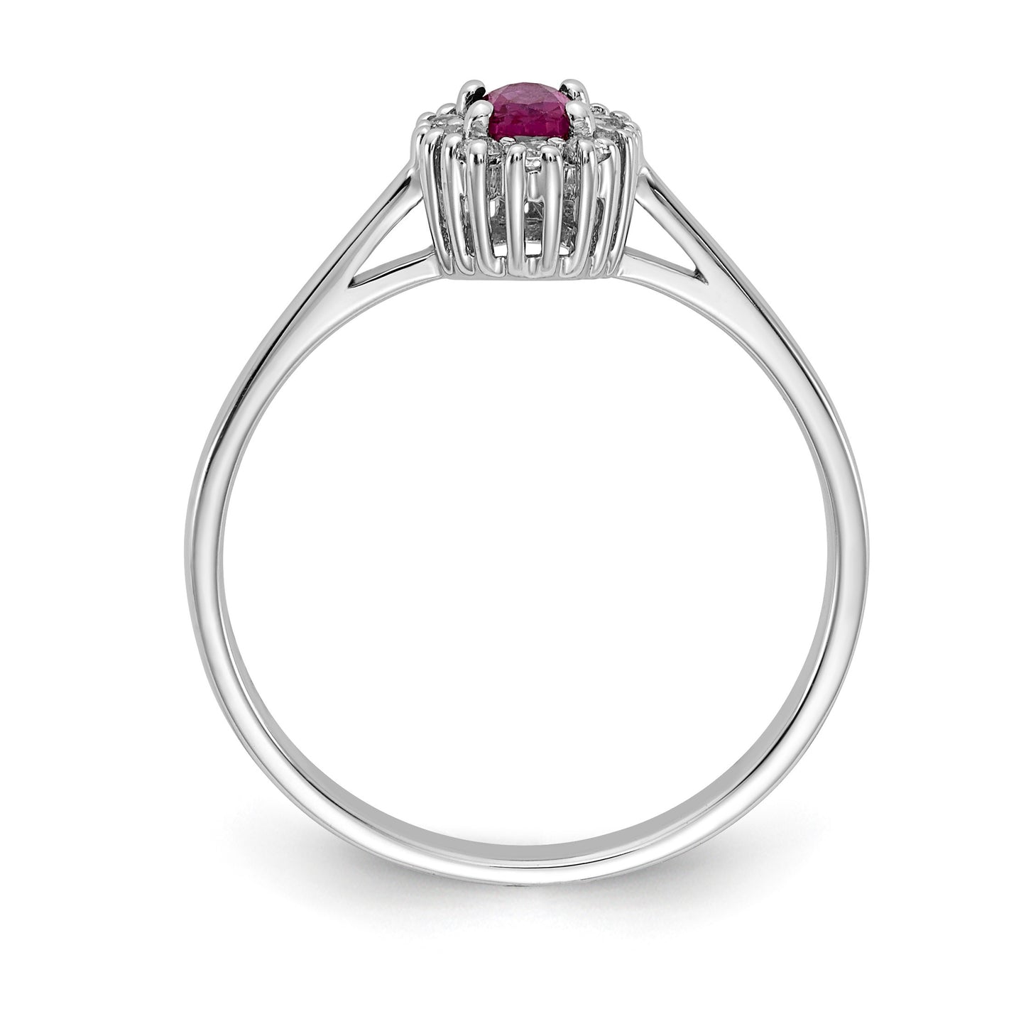 14k White Gold 1/10 carat Diamond and 5x3mm Oval Ruby Halo Ring