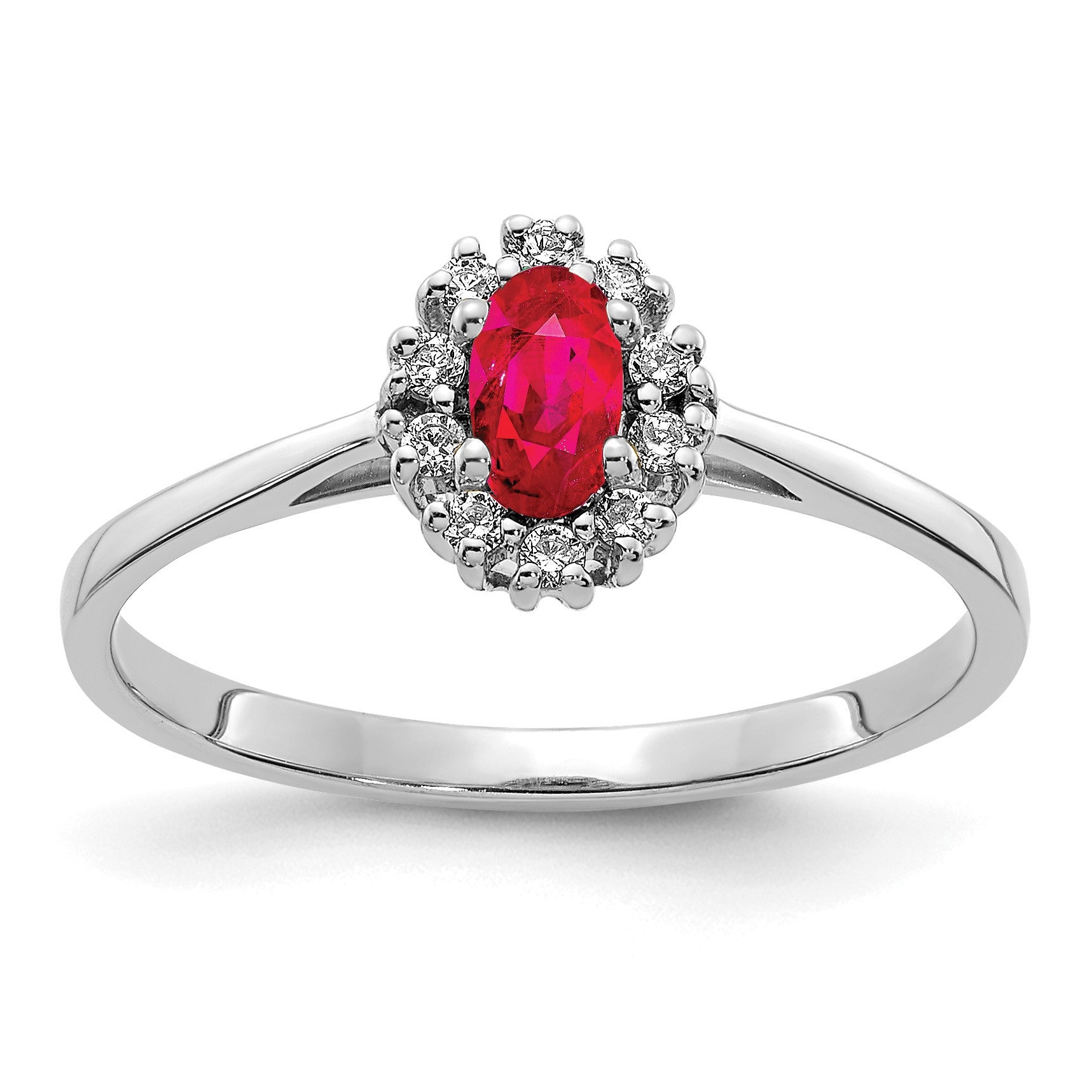 14k White Gold 1/10 carat Diamond and 5x3mm Oval Ruby Halo Ring