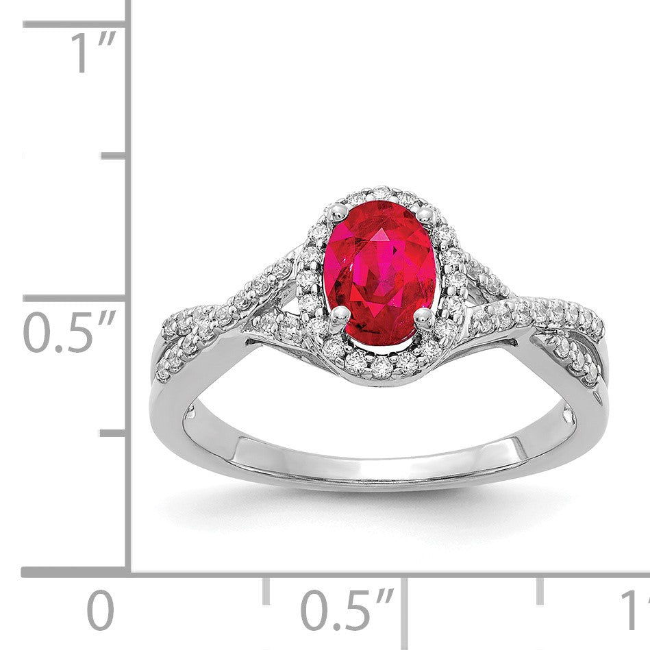 14k White Gold 7x5mm Oval Ruby and 1/5 carat Diamond Halo Ring