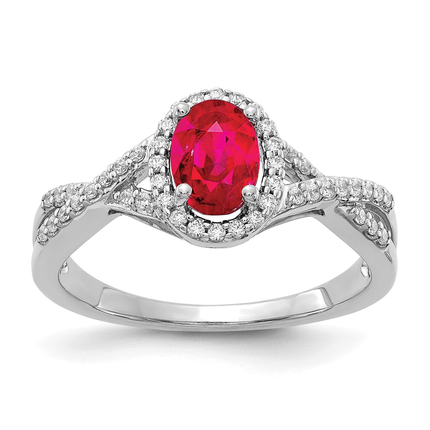 14k White Gold 7x5mm Oval Ruby and 1/5 carat Diamond Halo Ring