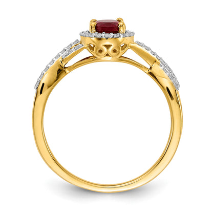 14k 7x5mm Oval Ruby and 1/5 carat Diamond Halo Ring