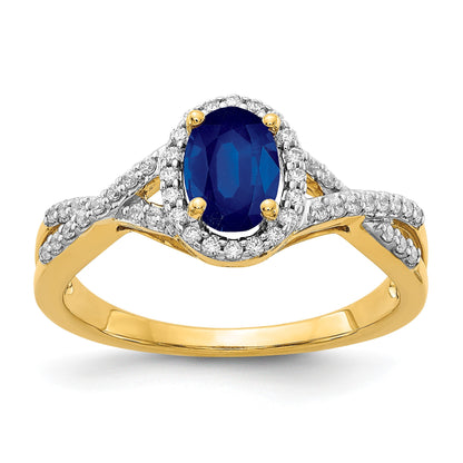 14k 7x5mm Oval Blue Sapphire and 1/5 carat Diamond Halo Ring